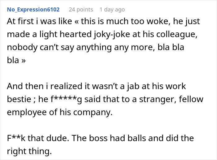 Screenshot of online comment discussing CFO firing employee immediately after body-shaming remark in workplace controversy. Screenshot of online comment discussing CFO firing employee immediately after body-shaming remark in workplace controversy.