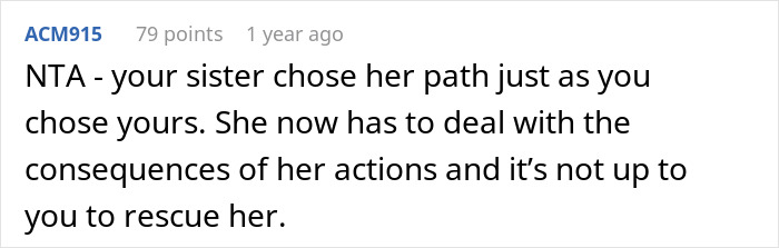Screenshot of a Reddit comment discussing a woman rejecting her sister’s money hints amid family struggles and Ibiza posts.