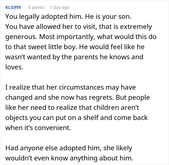 Comment discussing a mom wanting her baby back 8 years after giving up custody and adoption issues. Comment discussing a mom wanting her baby back 8 years after giving up custody and adoption issues.