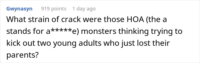 Comment criticizing HOA for trying to kick out siblings who recently lost their mom using a ridiculous rule.