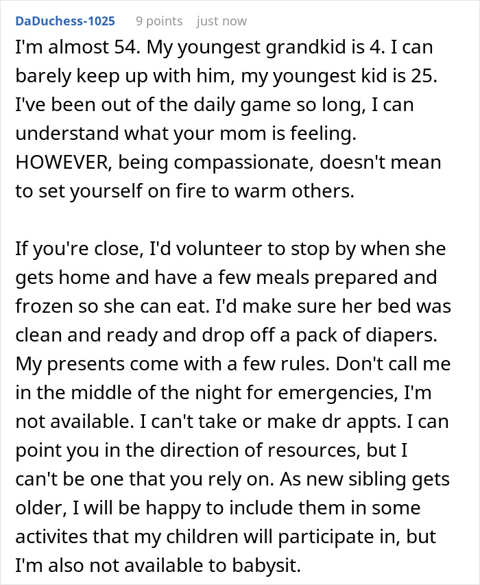 Comment about a 46-year-old getting pregnant and adult kids managing expectations for 24/7 help and support. Comment about a 46-year-old getting pregnant and adult kids managing expectations for 24/7 help and support.