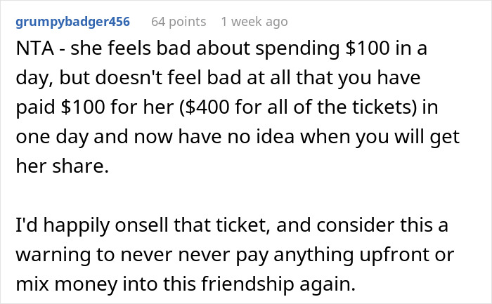 Comment text discussing selling the ticket and frustrations over a friend who won’t pay back money owed. Comment text discussing selling the ticket and frustrations over a friend who won’t pay back money owed.
