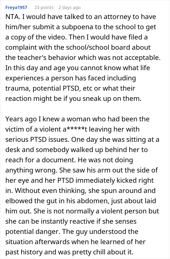 Comment discussing trauma and PTSD reactions after a teacher scares a student during class incident. Comment discussing trauma and PTSD reactions after a teacher scares a student during class incident.