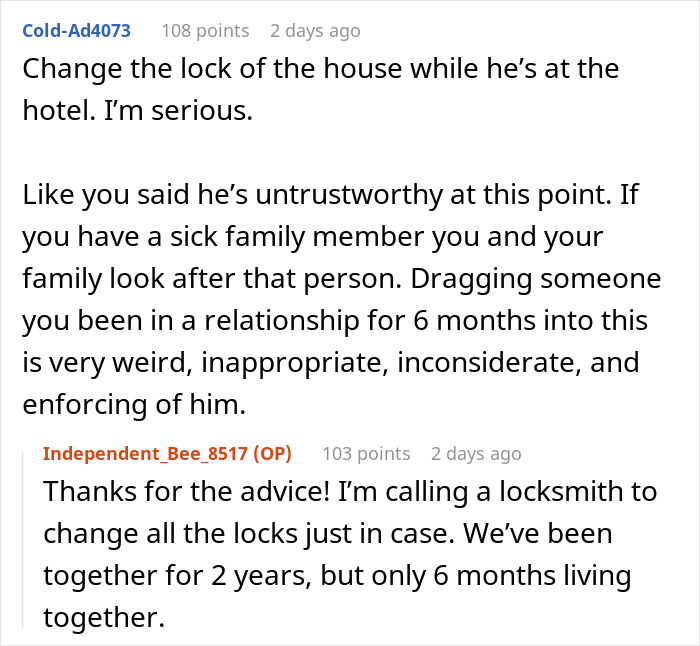 Screenshot of an online conversation discussing changing house locks amid trust issues and a 50/50 ownership ultimatum. Screenshot of an online conversation discussing changing house locks amid trust issues and a 50/50 ownership ultimatum.