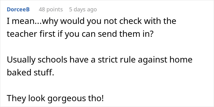 Comment discussing the school’s strict rules against homemade baked goods and praising the cupcakes’ appearance. Comment discussing the school’s strict rules against homemade baked goods and praising the cupcakes’ appearance.