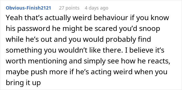 Reddit comment discussing suspicious behavior and fear of snooping after wife checked husband’s phone during surgery, confused and concerned. Reddit comment discussing suspicious behavior and fear of snooping after wife checked husband’s phone during surgery, confused and concerned.