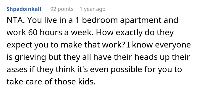 Screenshot of a Reddit comment discussing a woman’s life turned upside down after her late sister’s dying wish involving kids. Screenshot of a Reddit comment discussing a woman’s life turned upside down after her late sister’s dying wish involving kids.