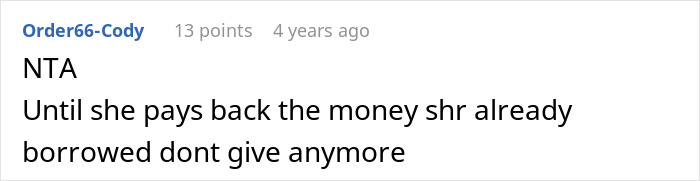 Screenshot of an online comment advising siblings to take care and refuse support to their mother until money is repaid. Screenshot of an online comment advising siblings to take care and refuse support to their mother until money is repaid.