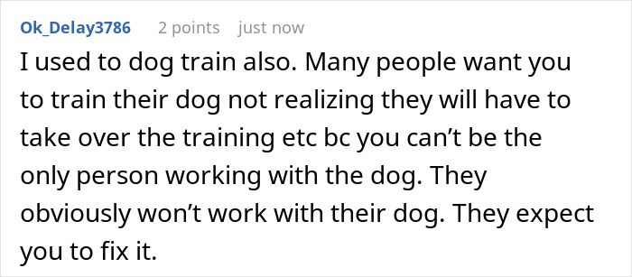 Screenshot of a Reddit comment discussing challenges of training dogs with behavior issues after adoption from an animal shelter. Screenshot of a Reddit comment discussing challenges of training dogs with behavior issues after adoption from an animal shelter.