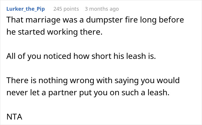 Screenshot of an online comment discussing a troubled marriage and the impact of a coworker's behavior on a divorce fear.