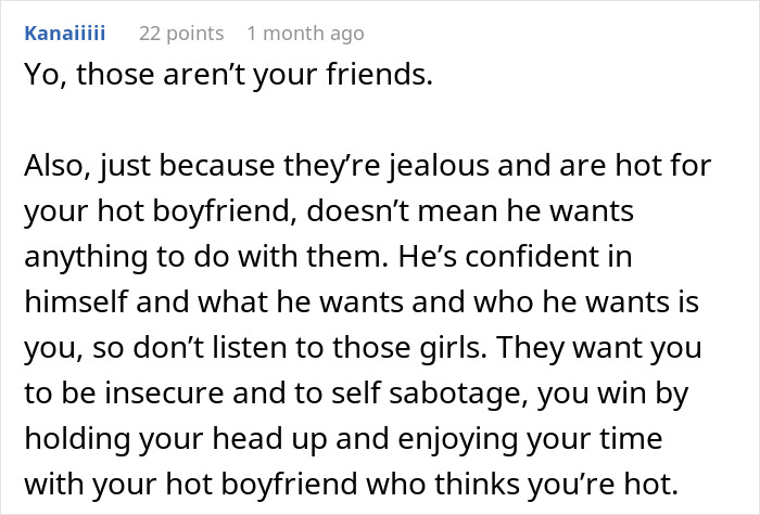 Alt text: Supportive comment encouraging confidence in woman with model boyfriend said to be out of her league. Alt text: Supportive comment encouraging confidence in woman with model boyfriend said to be out of her league.