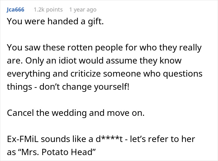 Text post discussing a future MIL brand calling a bride-to-be stupid and her fiancé laughing along. Text post discussing a future MIL brand calling a bride-to-be stupid and her fiancé laughing along.