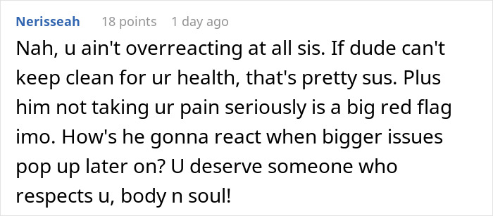 Screenshot of online comment explaining why partner is prone to infections and concerns about marriage reconsideration. Screenshot of online comment explaining why partner is prone to infections and concerns about marriage reconsideration.
