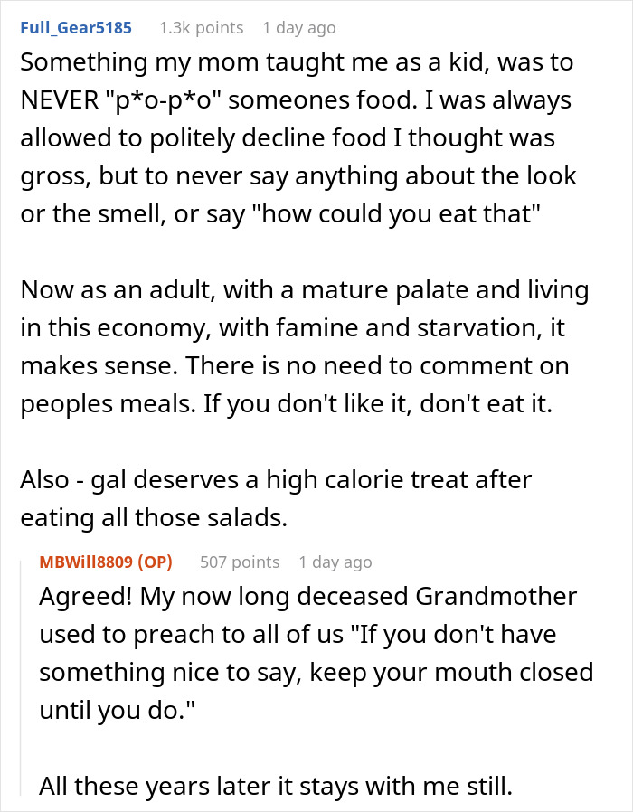 Reddit conversation about body-shaming comments and the importance of respectful behavior in the workplace. Reddit conversation about body-shaming comments and the importance of respectful behavior in the workplace.