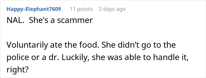 Comment about nut allergy incident, user calling someone a scammer and discussing voluntary food consumption.