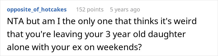 Screenshot of an online comment questioning leaving a 3-year-old daughter alone with an ex, related to eating disorder concerns. Screenshot of an online comment questioning leaving a 3-year-old daughter alone with an ex, related to eating disorder concerns.