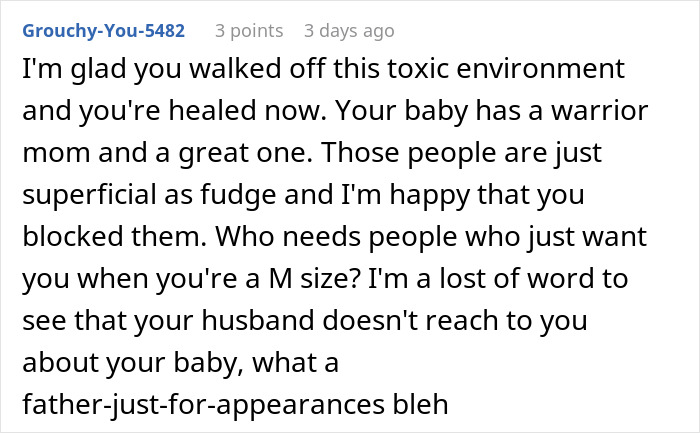 Screenshot of an online comment about a woman healing after learning her husband’s true thoughts on her body size. Screenshot of an online comment about a woman healing after learning her husband’s true thoughts on her body size.