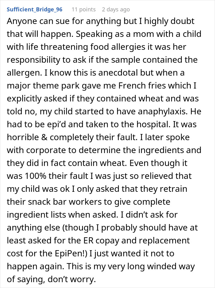 Child with nut allergy grabs sample, worker blamed for giving allergen causing serious reaction and hospital visit.