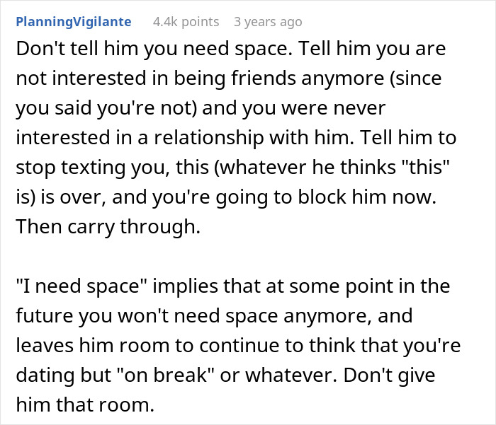 Text advice on handling unwanted relationship expectations, focusing on setting clear boundaries after one date. Text advice on handling unwanted relationship expectations, focusing on setting clear boundaries after one date.