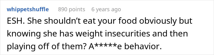Reddit comment discussing drama over woman’s brother’s girlfriend eating food, mentioning weight insecurities and rude behavior. Reddit comment discussing drama over woman’s brother’s girlfriend eating food, mentioning weight insecurities and rude behavior.