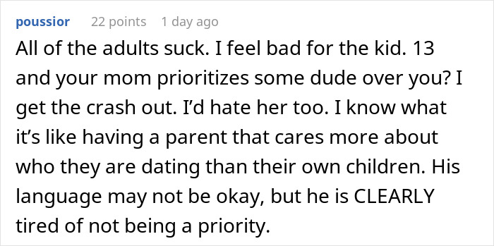 Comment discussing a man walking out as his girlfriend’s son has a meltdown about mountain biking early in the morning. Comment discussing a man walking out as his girlfriend’s son has a meltdown about mountain biking early in the morning.