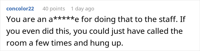 Screenshot of a user comment criticizing hotel guests for disturbing neighbors and suggesting calling the room instead.