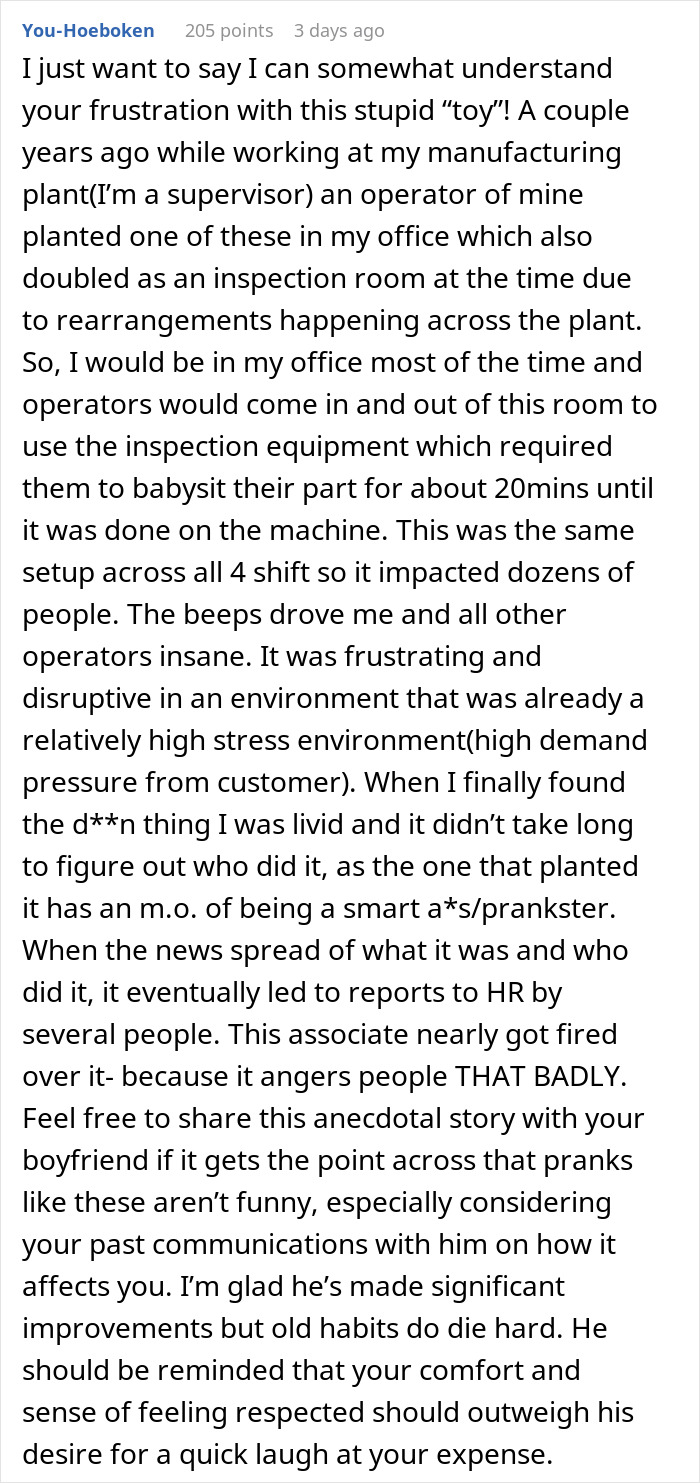 Comment text from Reddit user sharing a story about frustration with a hidden device prank planted by a boyfriend. Comment text from Reddit user sharing a story about frustration with a hidden device prank planted by a boyfriend.