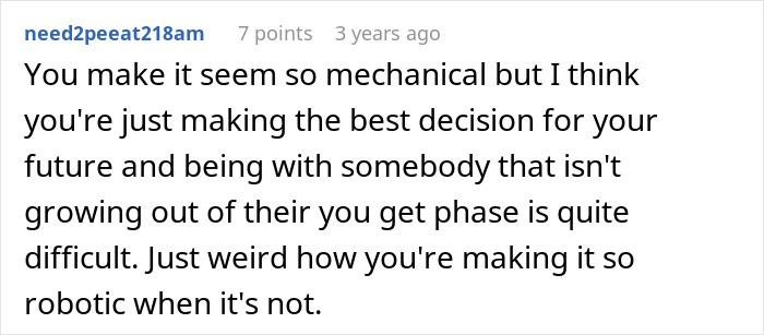 Screenshot of a Reddit comment discussing a man’s robotically calculated decision to choose a wife for brains over heart. Screenshot of a Reddit comment discussing a man’s robotically calculated decision to choose a wife for brains over heart.