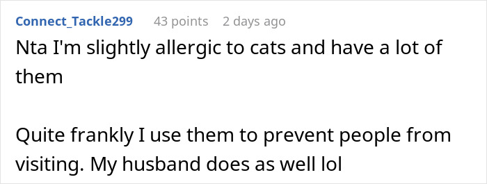 Reddit comment about using cats to prevent visitors, relating to parents getting rid of cat while pregnant sister visits. Reddit comment about using cats to prevent visitors, relating to parents getting rid of cat while pregnant sister visits.