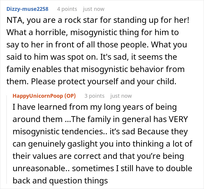 Comments discussing a lady standing up for cousin's wife against rude hubby and family’s misogynistic behavior. Comments discussing a lady standing up for cousin's wife against rude hubby and family’s misogynistic behavior.