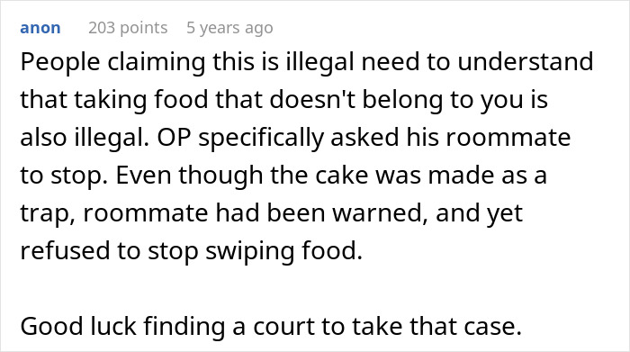 Screenshot of a forum comment discussing a roommate stealing leftovers and a habanero cake prank lesson. Screenshot of a forum comment discussing a roommate stealing leftovers and a habanero cake prank lesson.