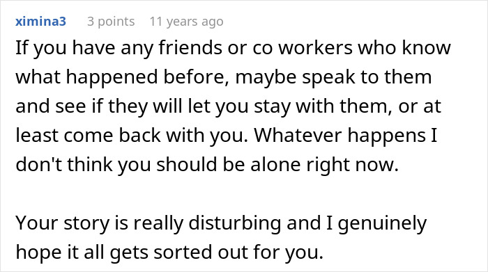 Comment advising to seek support from friends or coworkers after a mother poisoned me, emphasizing not being alone. Comment advising to seek support from friends or coworkers after a mother poisoned me, emphasizing not being alone.