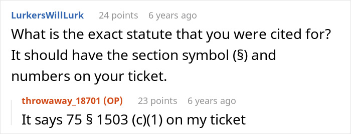 Screenshot of an online discussion about a curfew violation ticket citing statute 75 § 1503 (c)(1).