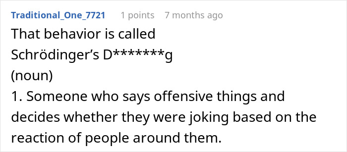 Comment explaining Schrodinger’s joke behavior, discussing offensive remarks and reactions in an online forum. Comment explaining Schrodinger’s joke behavior, discussing offensive remarks and reactions in an online forum.