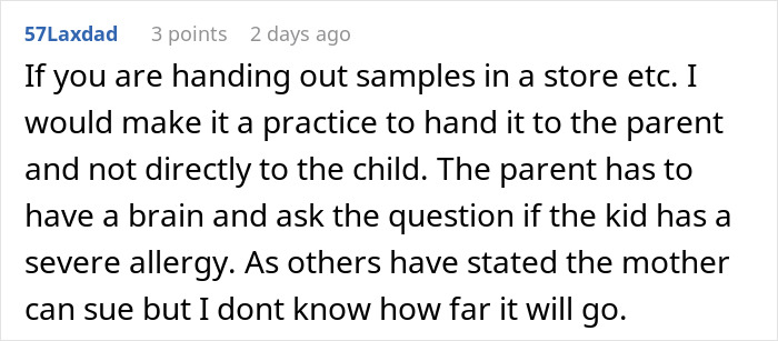 Screenshot of a comment discussing nut allergy precautions when handing out food samples to children in stores.
