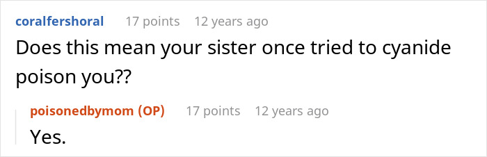 Conversation screenshot showing a user asking if someone was poisoned by a sister, and the original poster confirms mother poisoned me. Conversation screenshot showing a user asking if someone was poisoned by a sister, and the original poster confirms mother poisoned me.