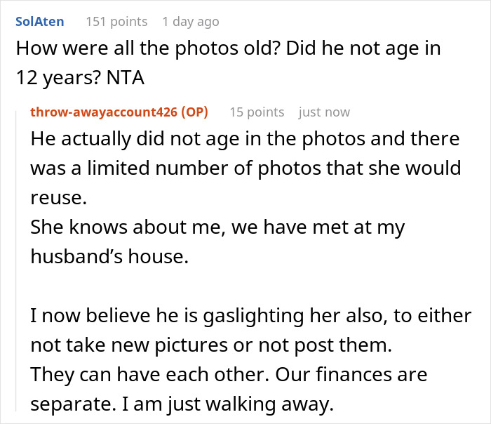 User comments discussing breaking up over photograph issues and concerns about outdated pictures and possible gaslighting. User comments discussing breaking up over photograph issues and concerns about outdated pictures and possible gaslighting.
