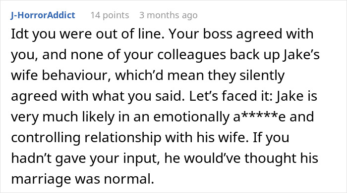Text comment from a user discussing a 23-year-old confronting a married coworker about his wife's behavior affecting their marriage. Text comment from a user discussing a 23-year-old confronting a married coworker about his wife's behavior affecting their marriage.