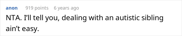 Screenshot of a forum comment discussing challenges of babysitting an autistic sibling and feeling like a prisoner. Screenshot of a forum comment discussing challenges of babysitting an autistic sibling and feeling like a prisoner.