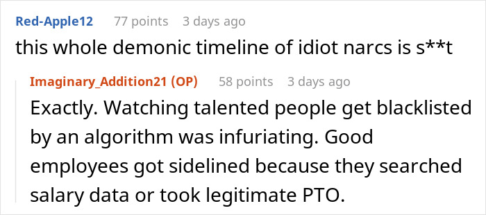 Screenshot of online discussion mentioning employees sidelined at work and corporate spying on staff through algorithms.