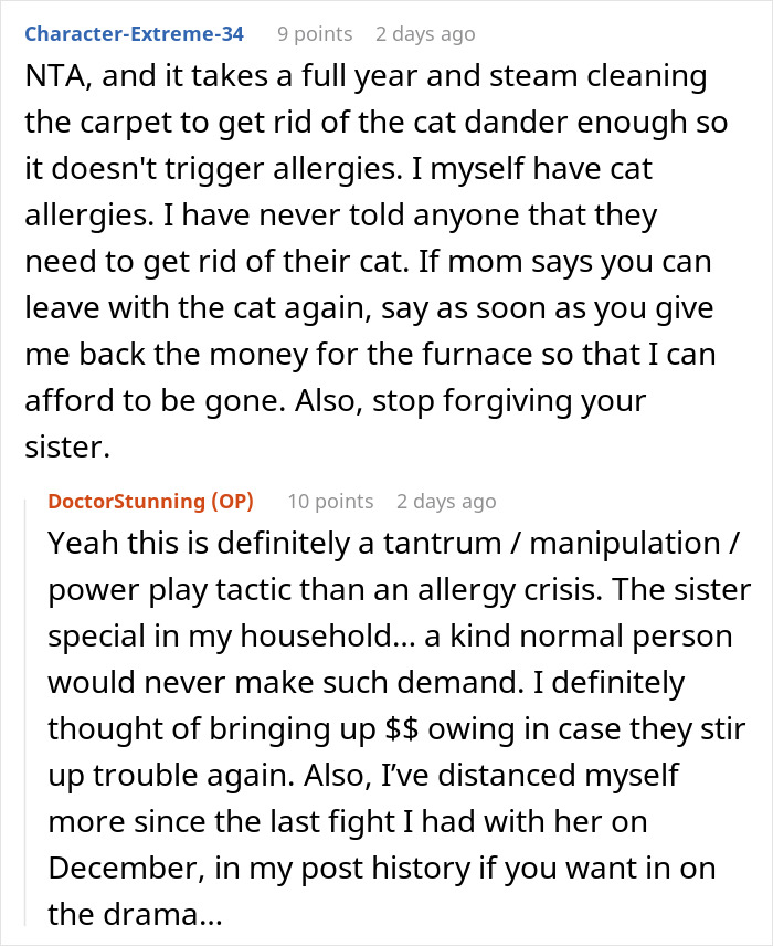 Reddit discussion about parents trying to get rid of a cat while pregnant sister visits, causing conflict and anger. Reddit discussion about parents trying to get rid of a cat while pregnant sister visits, causing conflict and anger.