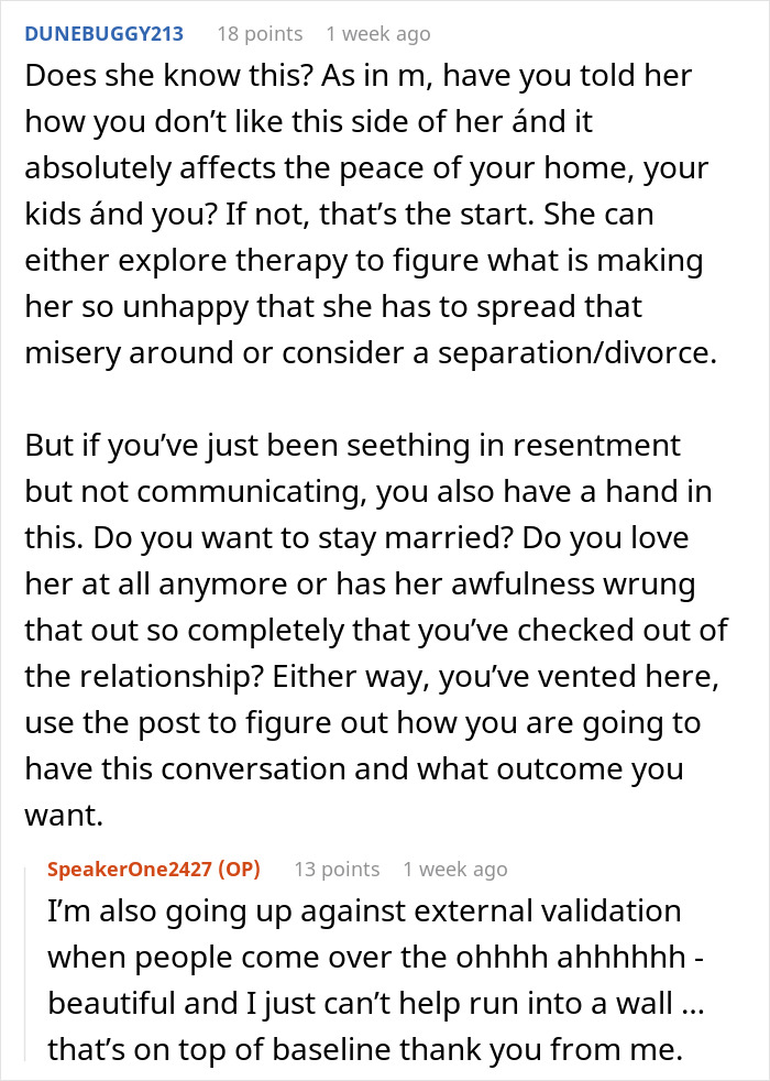 Comment discussing approaches to handle a wife turned mean once got money, focusing on communication and therapy options. Comment discussing approaches to handle a wife turned mean once got money, focusing on communication and therapy options.