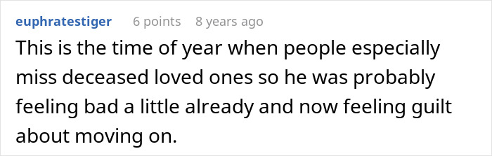 Comment discussing feelings of guilt about moving on after the loss of deceased loved ones during the year. Comment discussing feelings of guilt about moving on after the loss of deceased loved ones during the year.