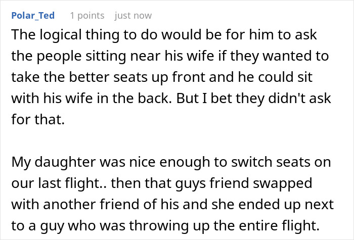 Comment discussing family eyes passenger's paid seat and seat swapping issues during a flight journey. Comment discussing family eyes passenger's paid seat and seat swapping issues during a flight journey.