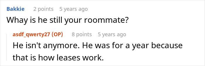 Online conversation discussing a guy’s roommate stealing leftovers and a habanero cake prank to teach a lesson.