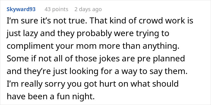 Comment discussing crowd work and jokes at a stand-up show, relating to a woman’s experience of crying instead of laughing. Comment discussing crowd work and jokes at a stand-up show, relating to a woman’s experience of crying instead of laughing.