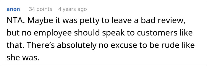 Screenshot of a Reddit comment criticizing a rude salon employee who refuses to sell box dye and calls out customers. Screenshot of a Reddit comment criticizing a rude salon employee who refuses to sell box dye and calls out customers.