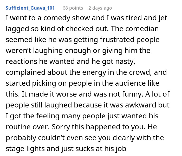 Woman goes to stand-up show but ends up crying instead of laughing due to a disappointing comedy performance. Woman goes to stand-up show but ends up crying instead of laughing due to a disappointing comedy performance.