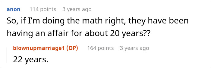Screenshot of an online conversation revealing a woman exposing her mom's 22-year affair with her husband. Screenshot of an online conversation revealing a woman exposing her mom's 22-year affair with her husband.