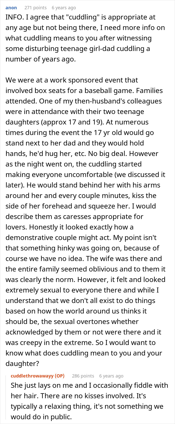 Text conversation discussing concerns about teenage girl and dad cuddling, crossing boundaries, and in-laws accusing limits. Text conversation discussing concerns about teenage girl and dad cuddling, crossing boundaries, and in-laws accusing limits.